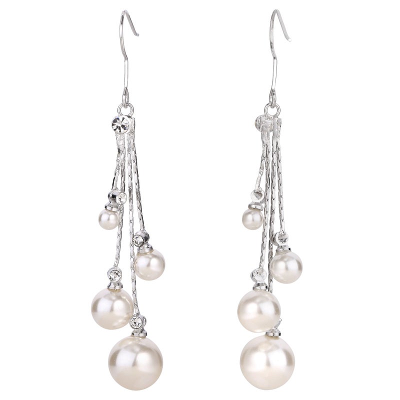 EleQueen Women's Silver-tone Crystal Simulated Pearl 4 Chain Bridal Long Dangle Hook Earrings Ivory Color - Image 1